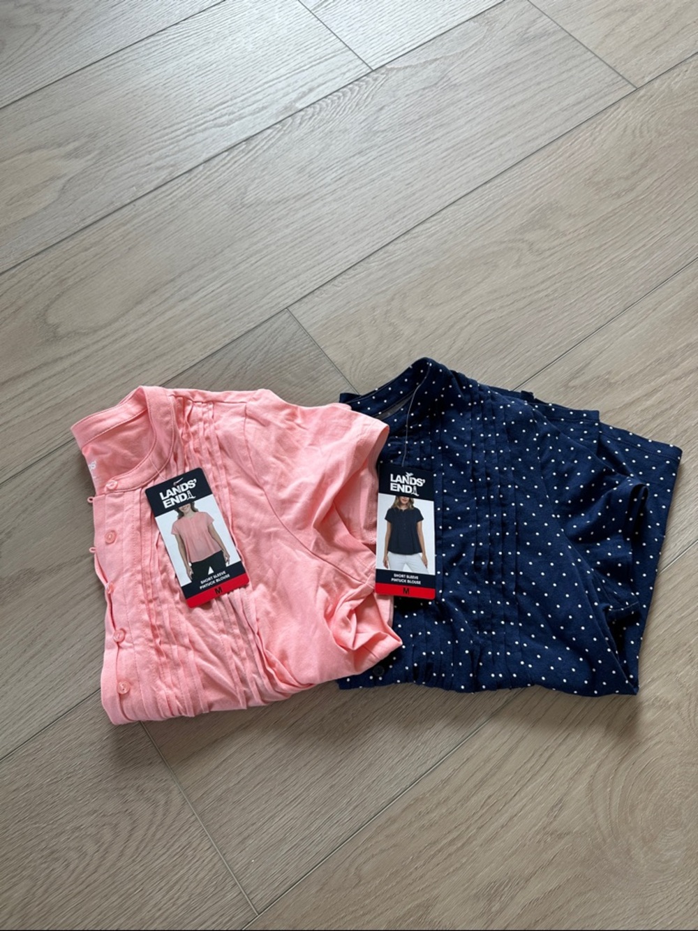 Two Lands' End Tops-Light Pink Pintuck and Navy Polka Dot